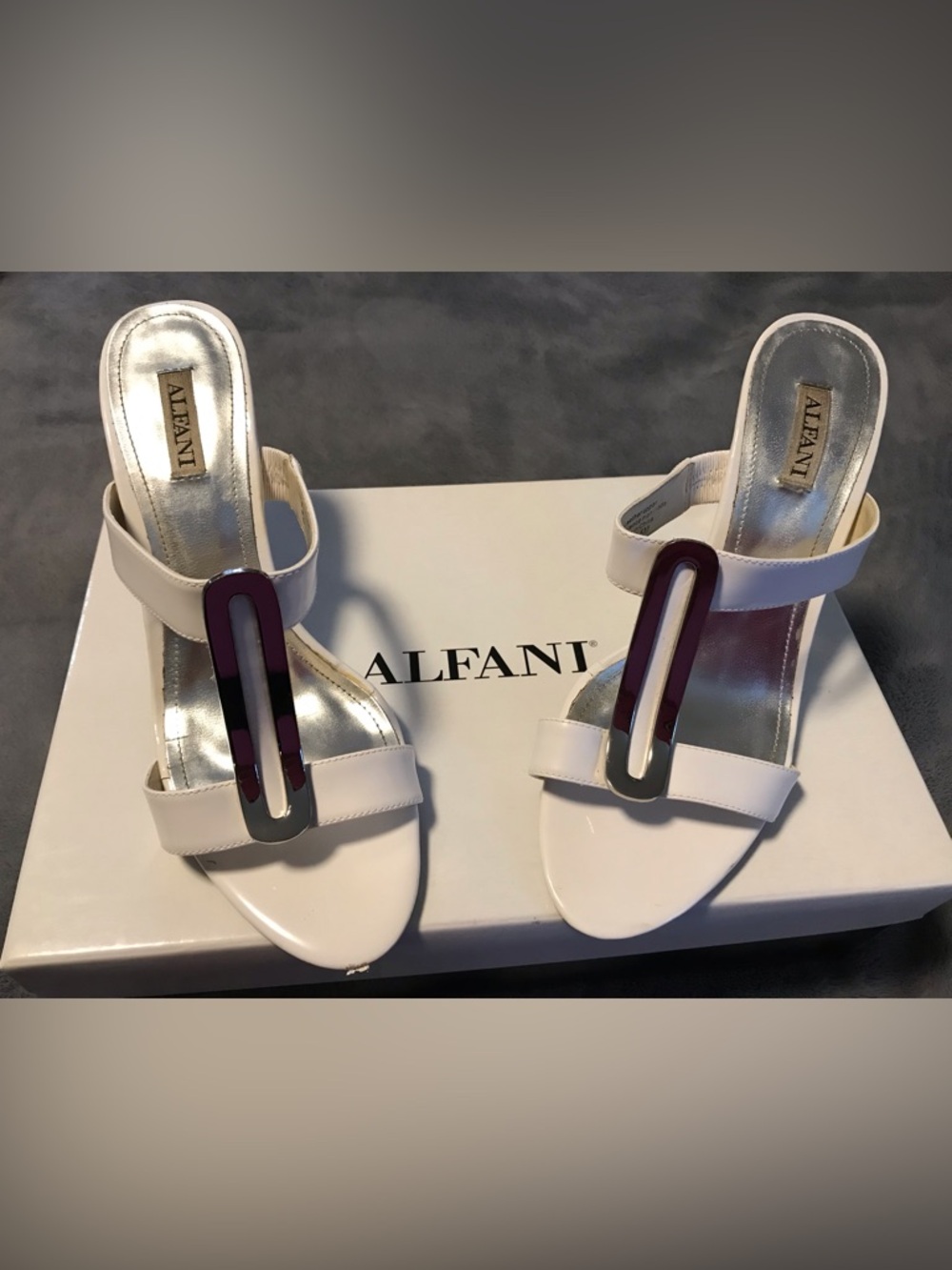 Alfani White Patent Sandals with Silver Accent
